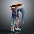 Young Boy In Traditional Outfit With Straw Hat Flowing Blue Sleeves And Colorful Shoes
