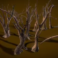 Cluster of Dried Dead Plant Branches with Twisted Stems on Brown Background