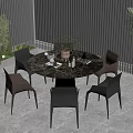 Modern Round Glass Top Dining Table Set With Four Black Chairs Blinds And Green Plants
