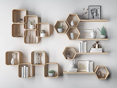 Decorative Ornament Combination On Wooden Hexagonal And Square Shelves With Plants Books Frames Vases Sculptures 3d model