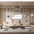 French Cream Style Living Room Multi-person Fabric Sofa Casual Single Chair Coffee Table Combination Chandelier 3d model