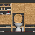 Bathroom Living Essentials With Wooden Cabinet Shutter Doors Toilet Colorful Rug And Toiletries