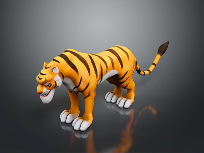 3D Rendered Cartoon Tiger With Yellow Black Stripes And White Paws On Gray Background 3d model