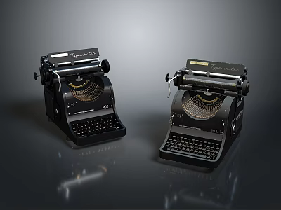 Two Black Remington Vintage Typewriters Displayed As Classic Electronic Appliances On Dark Reflective Surface 3d model