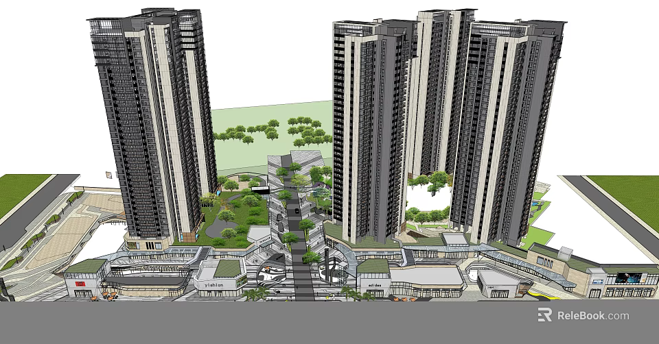 Modern Commercial Street With High Rise Buildings Green Spaces And Commercial Facilities 3d model 