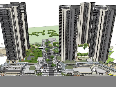 Modern Commercial Street With High Rise Buildings Green Spaces And Commercial Facilities 3d model
