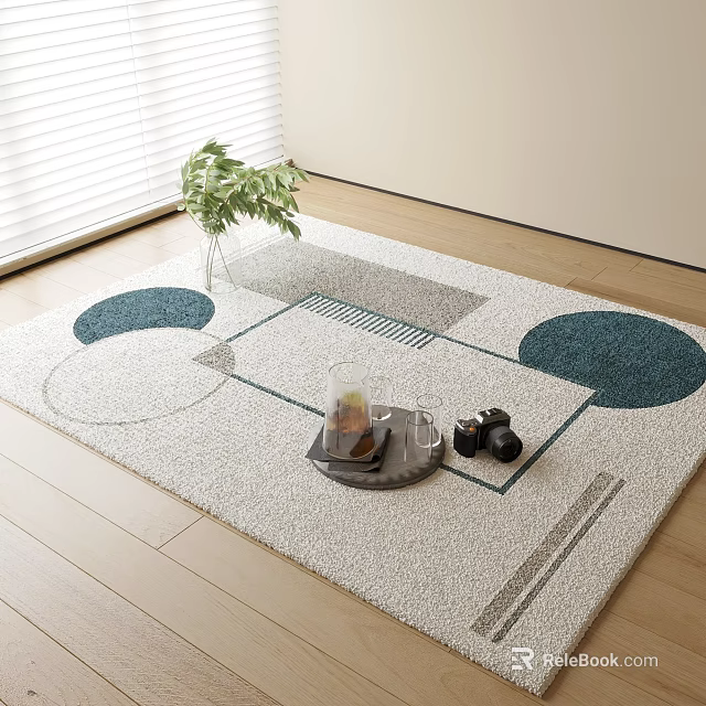 Stylish Square Rug Featuring Geometric Circular Patterns Neutral Base And Blue Accents On Wooden Floor 3d model 