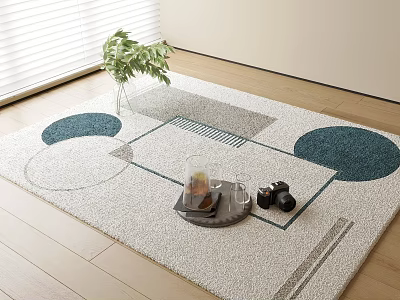 Stylish Square Rug Featuring Geometric Circular Patterns Neutral Base And Blue Accents On Wooden Floor 3d model