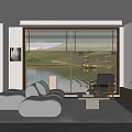 Modern Living Room Interior With Gray Sofa Wooden Coffee Table And Large Window