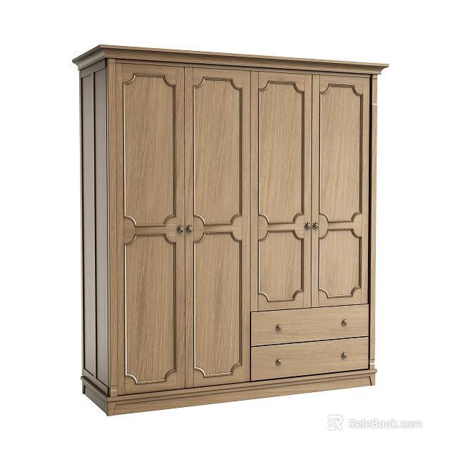Light Oak Wardrobe With Classic Simple Design Four Door And Bottom Drawers 3d model 