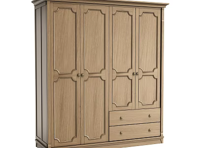 Light Oak Wardrobe With Classic Simple Design Four Door And Bottom Drawers 3d model