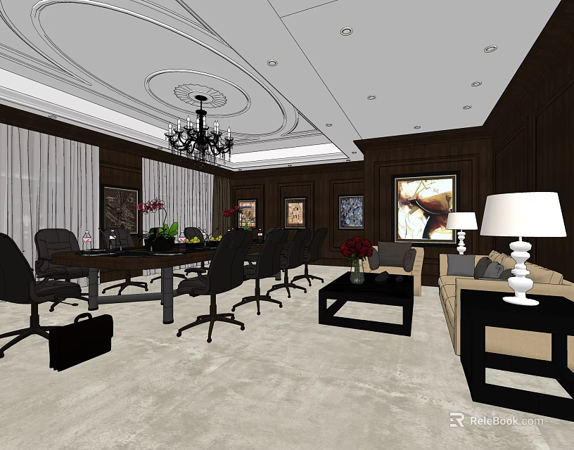 Elegant Meeting Room Interior With Long Table Chairs Chandelier Sofa And Wall Paintings 3d model 