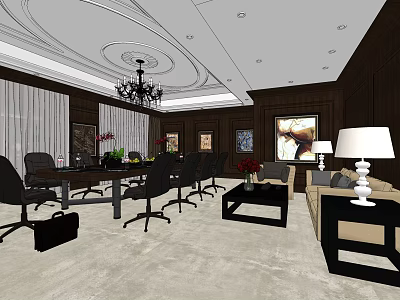 Elegant Meeting Room Interior With Long Table Chairs Chandelier Sofa And Wall Paintings 3d model