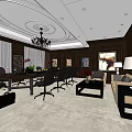 Elegant Meeting Room Interior With Long Table Chairs Chandelier Sofa And Wall Paintings