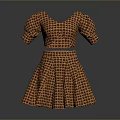 Stylish Two Piece Checkered Outfit With V Neck Puffed Sleeves And Flared Skirt