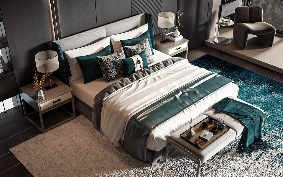 Luxury Double Bed In Modern Bedroom With Green White Pillows Bedside Lamps And Bench 3d model 