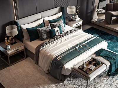 Luxury Double Bed In Modern Bedroom With Green White Pillows Bedside Lamps And Bench 3d model