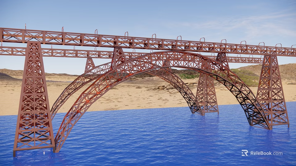 Metal Truss Arch Bridge Structure With Railings Over Blue Water And Sky Scenic Landscape 3d model 
