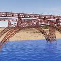 Metal Truss Arch Bridge Structure With Railings Over Blue Water And Sky Scenic Landscape