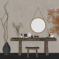 Natural Wooden Dressing Table With Round Mirror Skincare Products Decorative Flowers And Wooden Stool