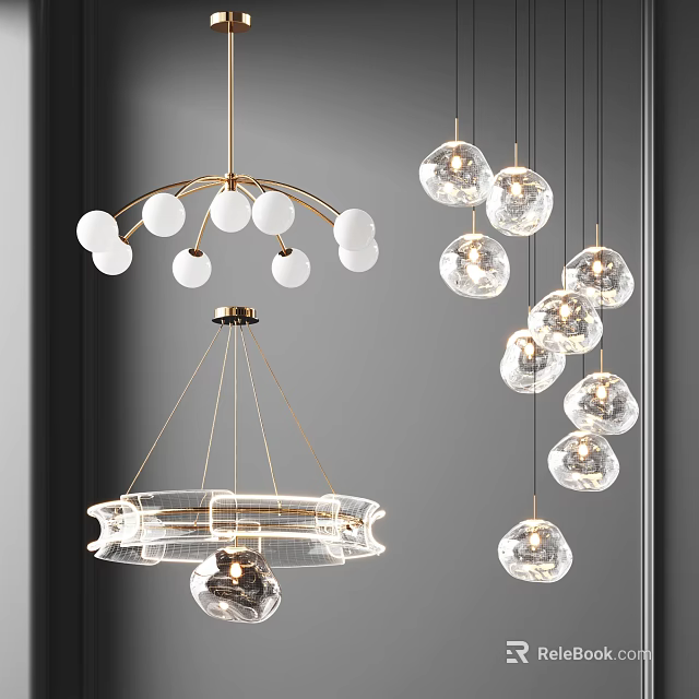 Modern Pendant Lights Interior Design With Transparent Spherical Glass And Golden Metal Frames 3d model 