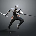 Game And Movie Character With Futuristic White Silver Armor Helmet Dual Swords In Dynamic Pose