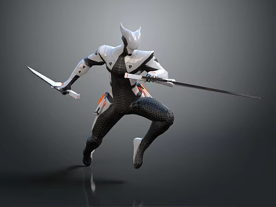 Game And Movie Character With Futuristic White Silver Armor Helmet Dual Swords In Dynamic Pose 3d model