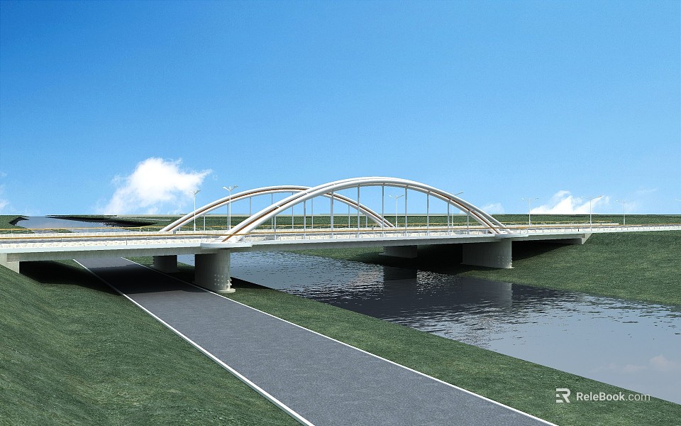 Modern Arched Bridge Over Water With Grassland And Road Structure 3d model 