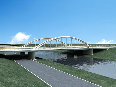 Modern Arched Bridge Over Water With Grassland And Road Structure 3d model