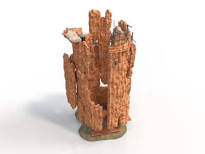 Rock Cliff Scene Component With Rocky Texture Platform Ladder And Small Structures 3d model