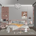 Cozy Pink Kids Room Interior With Bed Teddy Bear Bunny Art Shelves And Chandelier
