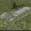 Modern Industrial Factory Building Surrounded by Lush Green Forest With Parking Area And Delivery Trucks