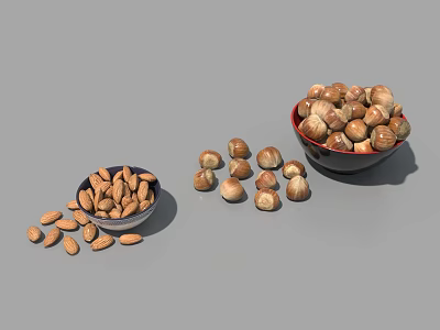 Almonds and Hazelnuts in Bowls with Scattered Nuts on Gray Surface 3d model