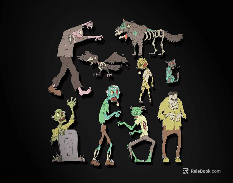 Spooky Cartoon Halloween Character Collection With Zombies Werewolf Raven And Tombstone 3d model 