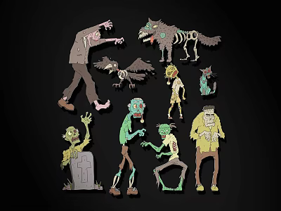 Spooky Cartoon Halloween Character Collection With Zombies Werewolf Raven And Tombstone 3d model