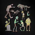Spooky Cartoon Halloween Character Collection With Zombies Werewolf Raven And Tombstone