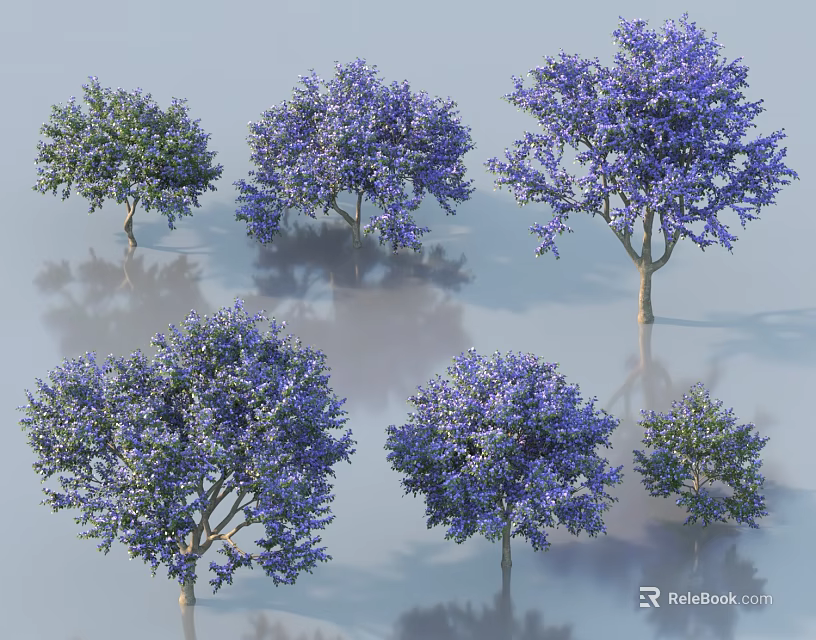 Lush Vibrant Trees with Purple Blossoms Green Leaves Trunks and Soft Shadows 3d model 