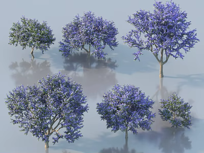 Lush Vibrant Trees with Purple Blossoms Green Leaves Trunks and Soft Shadows 3d model