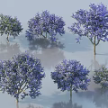 Lush Vibrant Trees with Purple Blossoms Green Leaves Trunks and Soft Shadows