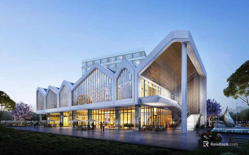 Modern Commercial Street Featuring Unique Glass Architecture And Night Lighting With Pedestrians 3d model 