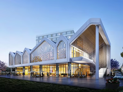 Modern Commercial Street Featuring Unique Glass Architecture And Night Lighting With Pedestrians 3d model