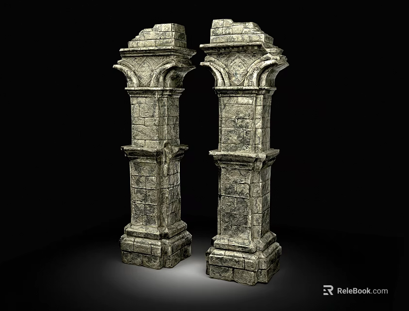 Ancient Stone Columns With Intricate Carvings And Decorative Capitals On Black Background 3d model 