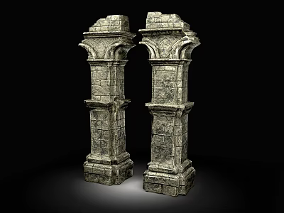 Ancient Stone Columns With Intricate Carvings And Decorative Capitals On Black Background 3d model