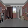 Pink Store Interior With Walls Posters Pink Refrigerator Red Curtains Window Mirror Sink Chairs Stools