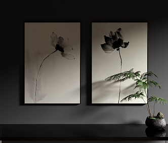 Zen Hanging Painting Combination Lotus Freehand Traditional Chinese Painting Background Wall Hanging Painting Corridor Hanging Painting 3d model