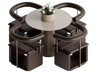 Dark Brown Leather Leisure Chairs With Round Table And Flower Pot In Modern Living Space 3d model