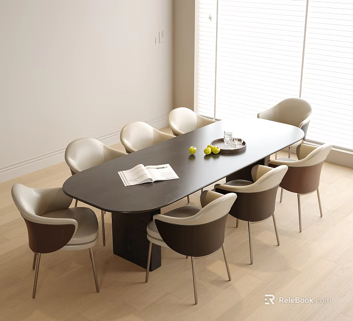 Modern Living Room With Oval Black Table And White Brown Chairs Set On Wooden Floor 3d model 
