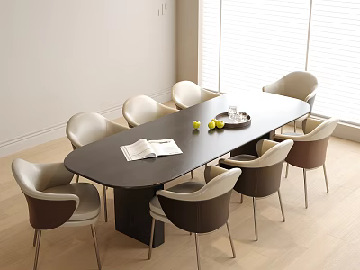 Modern Living Room With Oval Black Table And White Brown Chairs Set On Wooden Floor 3d model