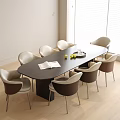 Modern Living Room With Oval Black Table And White Brown Chairs Set On Wooden Floor