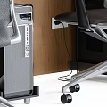 Modern Office Desk With Three Workstations Computer Monitors Black Chairs Brick Wall And Wooden Shelves